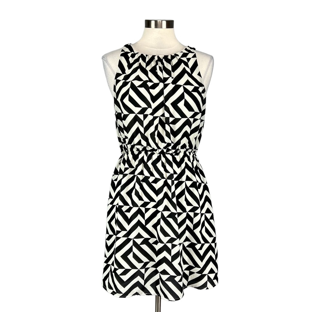 Francesca Bird Cage Womens Sleeveless Dress Black White Geo Print size Large
